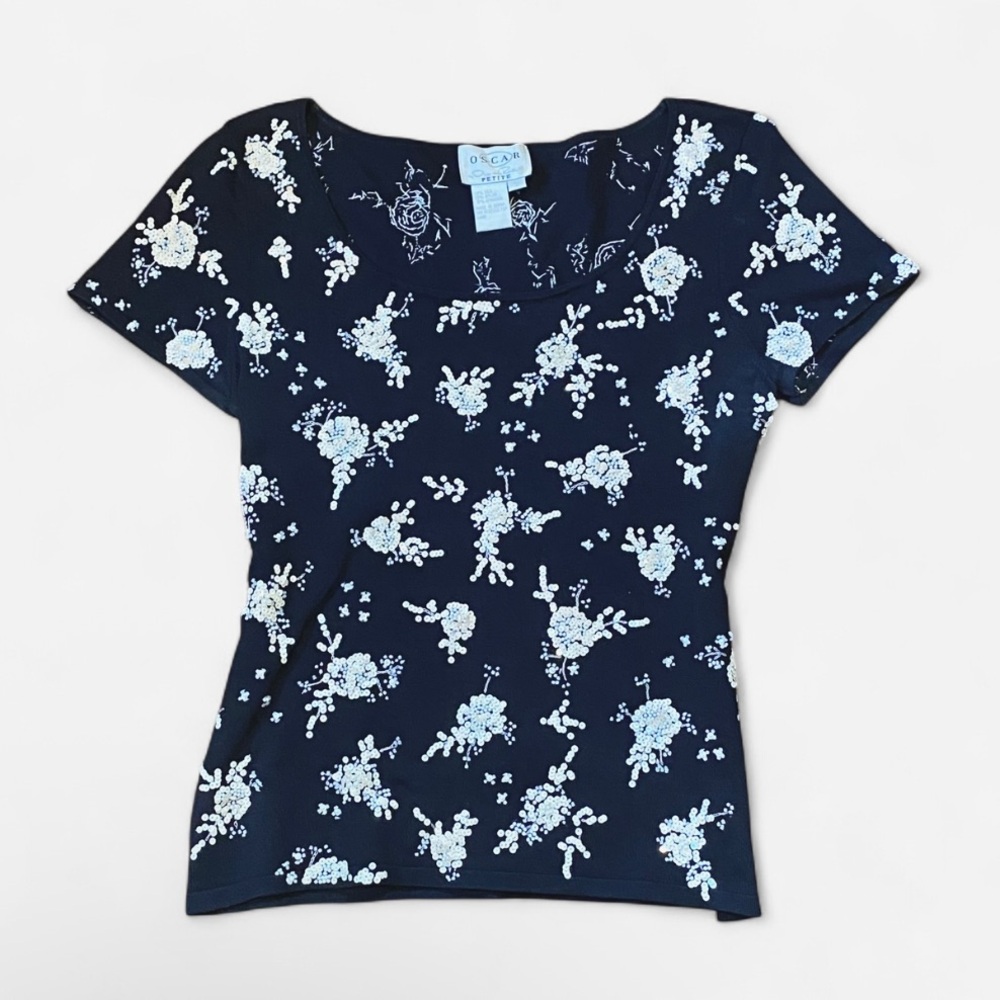 Oscar by Oscar de la Renta black & cream cap sleeve floral embellished knit top